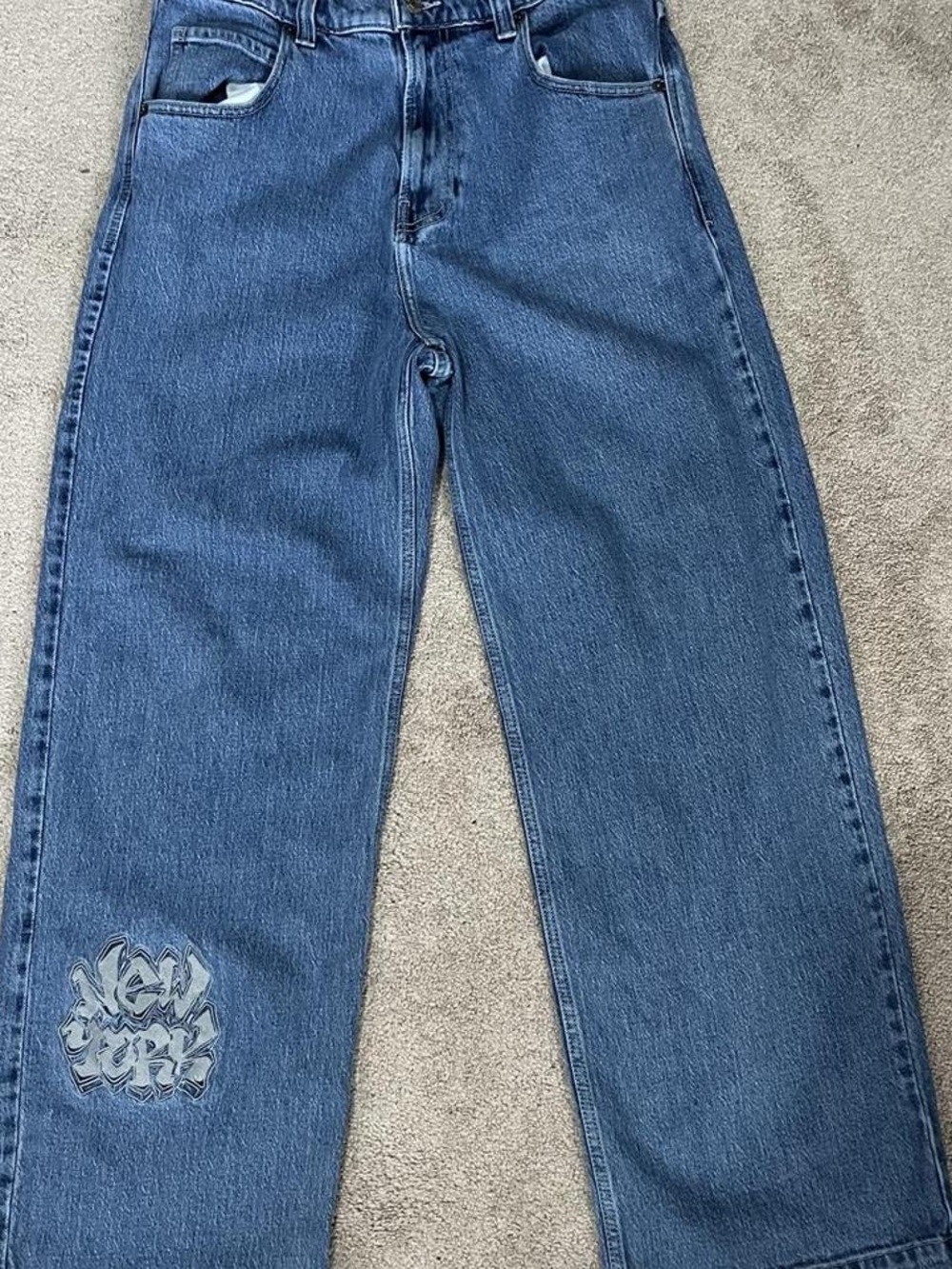 Men's Blue Straight-Leg Jeans with Graphic Patch